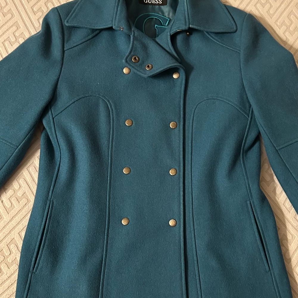 Like new (NWOT) GUESS Women's Dark Teal Pea Coat with Metallic Snap Buttons.